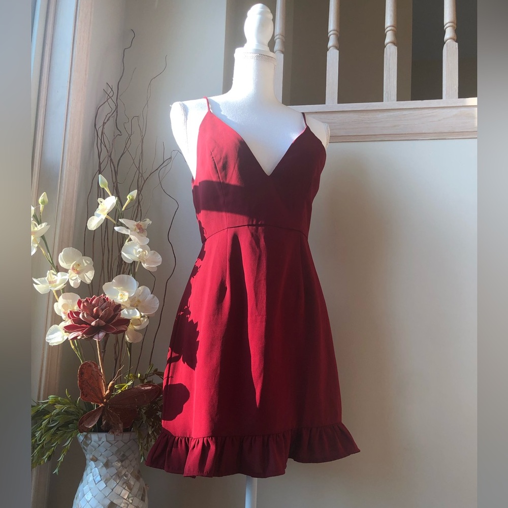 Red Ruffle V-Neck Cocktail Dress